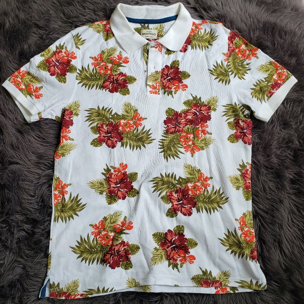 Montego Polo Shirt Men's Hawaiian Floral Pattern White Size